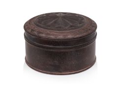 A LARGE CARVED CIRCULAR HARDWOOD BOX