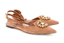 DOLCE & GABBANA - A PAIR OF TAN SUEDE POINTED FLATS WITH JEWEL EMBELLISHMENT