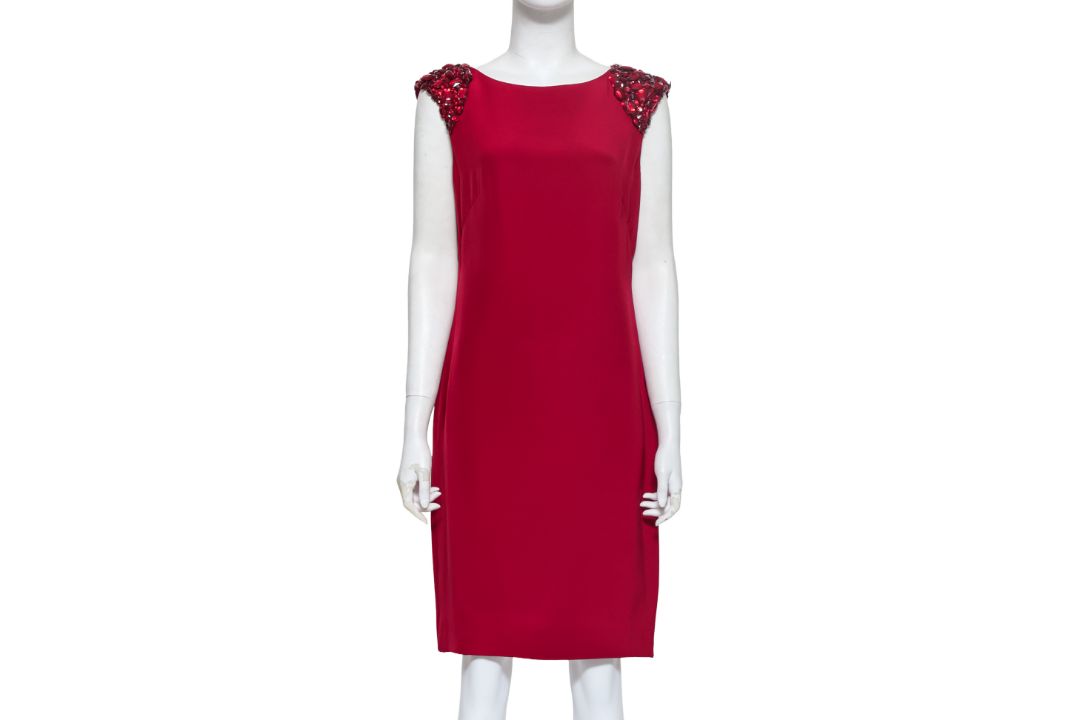 MARCHESA NOTTE - A RED SLEEVELESS DRESS WITH EMBELLISHED SHOULDERS - Image 1 of 2