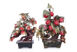 TWO CARVED HARDSTONE PEACH TREES