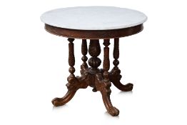 A MARBLE TOP CARVED TEAK SIDE TABLE
