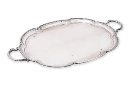A LARGE SILVER PLATED TWIN HANDLED TRAY