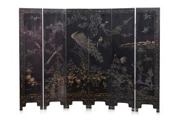 A LARGE CHINESE SIX PANEL BLACK LACQUERED SCREEN