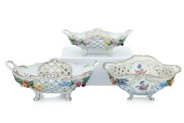 A GROUP OF THREE DRESDEN PORCELAIN PIERCED BASKETS