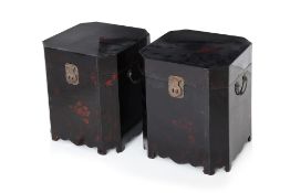 A PAIR OF BLACK LACQUERED OCTAGONAL WOODEN CHESTS