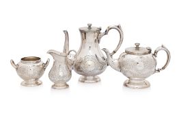 AN ENGLISH SILVER PLATED FOUR PIECE BACHELOR'S TEA AND COFFEE SERVICE