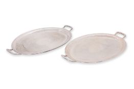 A PAIR OF SILVER PLATED TWIN HANDLED TRAYS