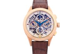 A PERRELET SKELETON CHRONO DUAL TIME 18K ROSE GOLD WATCH