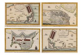 FOUR HAND-COLOURED ENGRAVINGS OF MAPS OF INDIAN FORTRESSES, ABBE PREVOST, 1746-1780