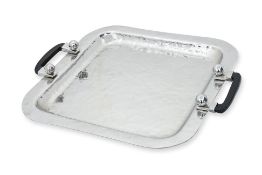 A LAMBERT HOME SQUARE STAINLESS STEEL TRAY WITH HORN HANDLES