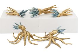 A GROUP OF FIVE BRASS AND CRYSTAL MODELS OF OCTOPI