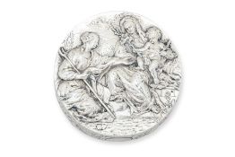 A CONTINENTAL SILVER CIRCULAR BOX WITH CLASSICAL RELIEF