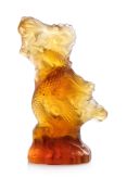 A LALIQUE AMBER GLASS MODEL OF DRAGON CHASING A FLAMING PEARL