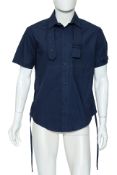 CRAIG GREEN - A NAVY COTTON SHORT SLEEVE SHIRT WITH EYELET DETAIL