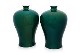 A PAIR OF LARGE MONOCHROME GREEN MEIPING VASES