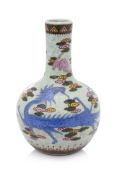 A CRACKLE-GLAZED CELADON BOTTLE VASE WITH ENAMEL DECORATION