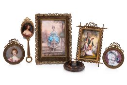 A GROUP OF FIVE PORTRAIT MINIATURES AND TORTOISESHELL COIN PURSE