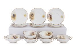 A SET OF SIX ROYAL WORCESTER 'GAME BIRDS' PORCELAIN SOUP COUPES AND SAUCERS (6)