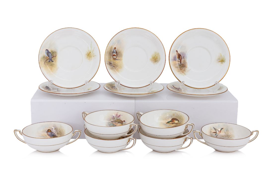 A SET OF SIX ROYAL WORCESTER 'GAME BIRDS' PORCELAIN SOUP COUPES AND SAUCERS (6) - Image 1 of 6