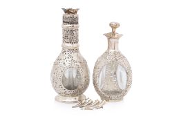 TWO HONG-KONG SILVER OVERLAY GLASS DECANTERS