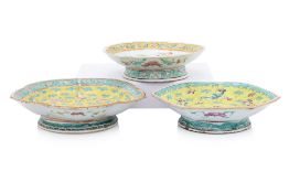THREE FAMILLE ROSE FOOTED DISHES