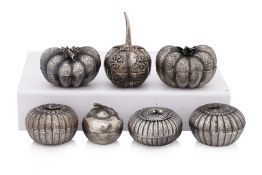 A GROUP OF SEVEN SOUTH EAST ASIAN GOURD-SHAPED SILVER BETEL BOXES