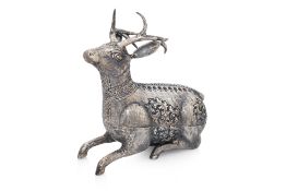 A LARGE CAMBODIAN STAG-FORM SILVER BETEL BOX