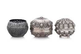 TWO BURMESE SILVER BOXES AND A SILVER BOWL