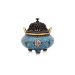 A CLOISONNÉ ENAMEL 'LOTUS' TRIPOD CENSER