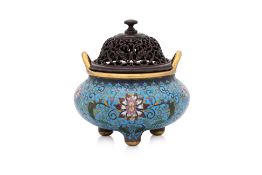 A CLOISONNÉ ENAMEL 'LOTUS' TRIPOD CENSER