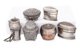 A GROUP OF SIX SOUTH EAST ASIAN SILVER BETEL AND LIME BOXES