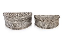 TWO BURMESE HALF-MOON SHAPED SILVER BOXES