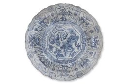 A LARGE BLUE AND WHITE KRAAK PORCELAIN 'QILIN AND PHOENIX' DISH
