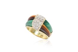 A TIGER'S EYE, MALACHITE AND DIAMOND RING