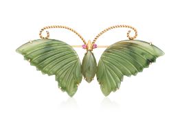 A JADE AND SYNTHETIC RUBY 'BUTTERFLY' BROOCH
