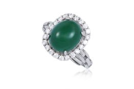 A TYPE A JADEITE AND WHITE STONE SILVER RING