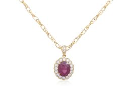 A RUBY AND DIAMOND 'HALO' PENDANT ON CHAIN