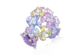 A MULTI-COLOURED GEMSTONE AND DIAMOND RING