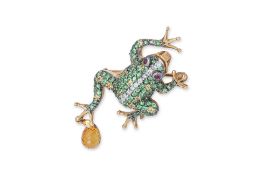 A MULTI GEM 'FROG' PENDANT/BROOCH