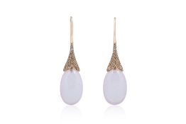 A PAIR OF ROSE QUARTZ AND DIAMOND EARRINGS