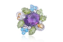 A MULTI-GEM AND DIAMOND RING
