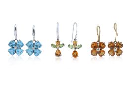 A GROUP OF THREE PAIRS OF GEM-SET 'FLORAL' EARRINGS