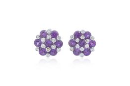 A PAIR OF AMETHYST AND DIAMOND CLUSTER EARRINGS