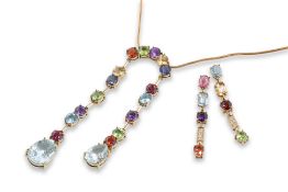 A MULTI GEM PENDANT AND EARRINGS WITH A CHAIN