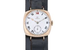 OMEGA - A 9K YELLOW GOLD ART DECO CUSHION MANUAL WINDING WRISTWATCH