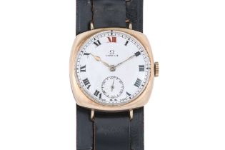 OMEGA - A 9K YELLOW GOLD ART DECO CUSHION MANUAL WINDING WRISTWATCH