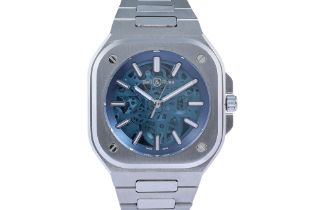 BELL & ROSS - A LIMITED EDITION STAINLESS STEEL BR05 SKELETON BLUE AUTOMATIC WRISTWATCH [FULL SET]