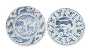 TWO SWATOW BLUE AND WHITE DEER DECORATED DISHES