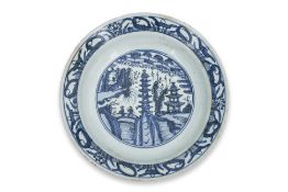 A BLUE AND WHITE PORCELAIN LANDSCAPE DISH