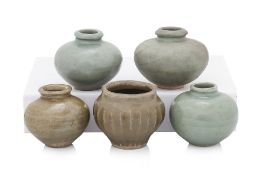 A GROUP OF FIVE SMALL LONGQUAN CELADON GLAZED JARS